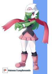 Rule 34 | 1girl, absurdres, arms up, artist name, bare shoulders, beanie, black shirt, black socks, blush, boots, breasts, clothed pokemon, colored skin, commentary request, cosplay, cracking knuckles, creatures (company), dawn (pokemon), dawn (pokemon) (cosplay), female focus, full body, game freak, gardevoir, gen 3 pokemon, green hair, green skin, hair ornament, hair over one eye, hairclip, happy, hat, highres, interlocked fingers, knee boots, kneehighs, legs apart, light blush, long hair, looking at viewer, lucyfer, miniskirt, multicolored skin, nintendo, nose blush, one eye covered, open mouth, outstretched arms, own hands together, patreon logo, patreon username, pink footwear, pink skirt, poke ball symbol, pokemon, pokemon (creature), pokemon dppt, red eyes, red scarf, scarf, shiny skin, shirt, simple background, skirt, sleeveless, sleeveless shirt, small breasts, smile, socks, solo, standing, thighs, two-tone background, two-tone skin, watch, watermark, white background, white hat, white skin, wristwatch