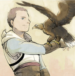 Rule 34 | 1boy, altair ibn la-ahad, animal, animal on arm, arm up, assassin&#039;s creed, assassin&#039;s creed (series), bird, blue eyes, blue shirt, brown gloves, brown hair, closed mouth, eagle, fingerless gloves, forehead, gloves, hood, hood down, hooded jacket, jacket, long sleeves, looking at animal, male focus, sash, scar, scar on face, shirt, short hair, simple background, sleeveless, sleeveless jacket, solo, standing, tatsuri (forest penguin), upper body, yellow background