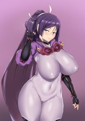 Rule 34 | 1girl, arm guards, aster crowley, black gloves, blue eyes, blush, bodysuit, breasts, choker, closed mouth, covered navel, fate/grand order, fate (series), fingerless gloves, gloves, hair between eyes, hair ribbon, hand in own hair, highres, hip focus, huge breasts, long hair, looking at viewer, minamoto no raikou (fate), parted bangs, ponytail, purple background, purple bodysuit, purple hair, ribbon, shrug (clothing), smile, solo, sparkle, thighs, very long hair