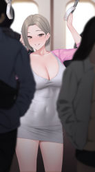 Rule 34 | 1girl, 2others, arm up, blurry, blurry foreground, blush, breasts, brown eyes, cardigan, cleavage, collarbone, commentary, covered navel, dress, english commentary, grey hair, hair behind ear, highres, jjanda, large breasts, looking at viewer, mature female, multiple others, pink cardigan, short dress, short hair, smile, solo focus, train interior, white dress