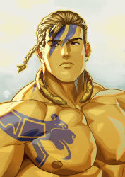Rule 34 | 1boy, artist logo, artist name, bara, blonde hair, brown eyes, chest tattoo, close-up, collar, cu chulainn (smite), facial tattoo, highres, large pectorals, looking to the side, male focus, manly, mature male, muscular, muscular male, nipples, pectorals, smite, solo, tattoo, thick eyebrows, topless male, xelgot
