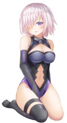 Rule 34 | 1girl, bad id, bad pixiv id, between legs, black gloves, black leotard, black thighhighs, blush, breasts, cleavage, clothing cutout, elbow gloves, fate/grand order, fate (series), full body, gloves, hair over one eye, hand between legs, highres, large breasts, leotard, light purple hair, looking at viewer, mash kyrielight, navel, navel cutout, parted lips, purple eyes, seiza, shimo (shimo 00), short hair, simple background, single thighhigh, sitting, smile, solo, thigh strap, thighhighs, thighs, white background