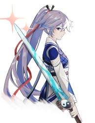 1girl black_hair blue_eyes chinese_clothes closed_mouth fu_hua fu_hua_(azure_empyrea) fu_hua_(taixuan_impression) fukazzi_2nd holding holding_sword holding_weapon honkai_(series) honkai_impact_3rd long_hair long_sleeves looking_at_viewer looking_to_the_side ponytail simple_background solo sword weapon white_background yin_yang