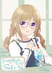 Rule 34 | 1girl, blue overalls, blush, braid, buttoned cuffs, character name, cherry, closed mouth, dated, dot nose, drink, drinking straw, faux traditional media, food, fruit, fukuda fukutarou, glasses, grey-framed eyewear, happy birthday, holding, holding drink, ice, ice cream, ice cube, idoly pride, light brown hair, long hair, long sleeves, looking at viewer, overalls, purple eyes, shiraishi saki, shirt, sidelocks, smile, solo, swept bangs, twin braids, upper body, white shirt