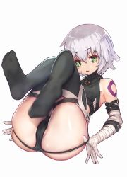 Rule 34 | 1girl, asarokuji, ass, bad id, bad twitter id, bandaged arm, bandages, bare shoulders, black panties, black thighhighs, blurry, depth of field, fate/apocrypha, fate (series), feet, highres, jack the ripper (fate/apocrypha), legs up, looking at viewer, lying, no shoes, on back, open mouth, panties, panty pull, partially visible vulva, scar, scar on face, short hair, silver hair, skindentation, soles, solo, thighhighs, underwear, undressing