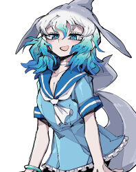 Rule 34 | 1girl, absurdres, blue eyes, blue hair, blush, bracelet, breasts, cetacean tail, chestnut thoroughbred (kemono friends), choker, cleavage, collarbone, dolphin girl, fins, fish tail, grey hair, highres, jewelry, kanmoku-san, kemono friends, looking at viewer, medium breasts, medium hair, open mouth, short sleeves, simple background, smile, tail, white background, white hair