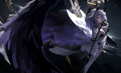 Rule 34 | 1girl, azur lane, black choker, black feathers, black wings, breasts, breasts apart, choker, cleavage, dutch angle, feathered wings, feathers, feet out of frame, framed breasts, from side, gem, grey hair, hair over one eye, highres, holding, joffre (azur lane), large wings, long hair, long sleeves, medium breasts, night, red eyes, red gemstone, rigging, solo, thighhighs, toto (kuro toto), twintails, water, white thighhighs, wings