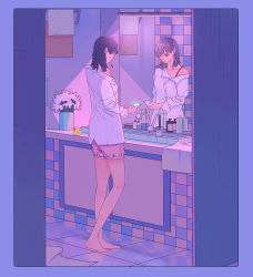Rule 34 | 1girl, bare legs, barefoot, bathroom, black hair, border, collared shirt, flower, full body, glowing, hair behind ear, holding, holding phone, medium hair, mirror, morncolour, off shoulder, original, phone, pink flower, pink shorts, plant, potted plant, purple border, purple theme, reflection, rubber duck, shirt, shorts, sink, solo, standing, tile wall, tiles, toothbrush, white shirt
