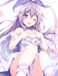 Rule 34 | 1girl, :d, blurry, blush, bow, breasts, cleavage, collarbone, commentary request, depth of field, dress, earrings, hair between eyes, hair bow, heart, heart hands, highres, jewelry, karory, knees together feet apart, long hair, moe2022, one eye closed, open mouth, original, panties, panty peek, petals, purple bow, purple dress, purple eyes, purple hair, purple panties, sitting, small breasts, smile, solo, thighs, underwear, very long hair, white background