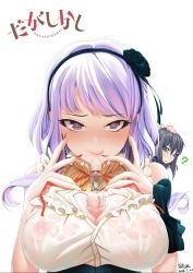 Rule 34 | 10s, 2girls, artist name, between breasts, black hair, blush, bottle, bow, breasts, choker, crossover, dagashi kashi, dated, dorei to no seikatsu ~teaching feeling~, female focus, flower, hairband, heart, heart-shaped pupils, highres, large breasts, licking lips, light purple hair, looking at viewer, multiple girls, nail polish, nipples, parody, purple eyes, ringed eyes, ruan han, see-through, sexually suggestive, shidare hotaru, simple background, sylvie (dorei to no seikatsu), symbol-shaped pupils, tongue, tongue out, white background