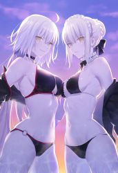 Rule 34 | 2girls, absurdres, ahoge, artoria pendragon (all), artoria pendragon (alter swimsuit rider) (fate), artoria pendragon (alter swimsuit rider) (second ascension) (fate), artoria pendragon (fate), asymmetrical docking, backlighting, bare shoulders, bikini, black bikini, black bow, black choker, black jacket, blonde hair, bow, braid, braided bun, breast press, breasts, choker, closed mouth, cloud, commentary request, cowboy shot, crop top, cropped jacket, expressionless, fate/grand order, fate (series), frilled bikini, frilled choker, frills, from side, groin, hair between eyes, hair bow, hair bun, halterneck, highres, hip focus, jacket, jeanne d&#039;arc alter (swimsuit berserker) (fate), jeanne d&#039;arc (fate), jeanne d&#039;arc alter (fate), jeanne d&#039;arc alter (swimsuit berserker) (fate), large breasts, long hair, long sleeves, looking at viewer, maid, maid bikini, maid headdress, medium breasts, multiple girls, navel, nipi27, o-ring, o-ring bikini, o-ring bottom, o-ring choker, o-ring top, off shoulder, open clothes, open jacket, outdoors, pale skin, parted lips, ribbon-trimmed choker, saber alter, short hair, shrug (clothing), sideboob, sidelocks, single hair bun, skindentation, sky, smile, standing, straight hair, string bikini, sunset, swimsuit, thighs, unconventional maid, very long hair, wet, wet hair, white choker, white hair, wide hips, yellow eyes