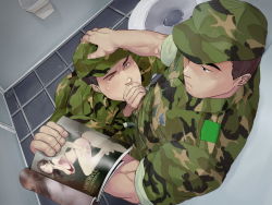 Rule 34 | 2boys, against wall, bara, bathroom, bisexual male, blush, brown hair, drooling, fellatio, hand on head, magazine (object), male focus, multiple boys, muscular, oral, saliva, soldier, sweat, toilet, wince, winemvee, yaoi