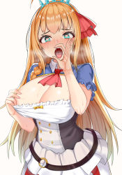 Rule 34 | 1girl, absurdres, ahoge, apron, bad id, bad pixiv id, blue eyes, blush, braid, breasts, cleavage, commentary request, dress, fellatio gesture, green eyes, hair ribbon, heart, heart-shaped pupils, heavy breathing, highres, large breasts, long hair, looking at viewer, nipples, nose blush, open mouth, oral invitation, orange hair, pecorine (princess connect!), princess connect!, red ribbon, ribbon, saliva, short sleeves, side braid, simple background, solo, sweat, symbol-shaped pupils, teeth, tiara, tongue, tongue out, upper teeth only, uvula, very long hair, waist apron, xubai