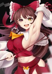 Rule 34 | 1girl, arm up, armpits, ascot, black background, blurry, bow, breasts, brown hair, clothing cutout, depth of field, detached sleeves, gohei, hair bow, hair tubes, hakurei reimu, heterochromia, highres, holding, large breasts, long hair, looking at viewer, navel, nontraditional miko, open mouth, red bow, red eyes, sideboob, sidelocks, simple background, solo, teeth, touhou, upper teeth only, wide sleeves, yellow ascot, yellow eyes, yui (pfyt3782)
