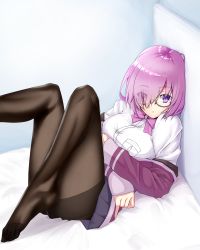 Rule 34 | 10s, 1girl, alternate costume, black pantyhose, breast pocket, breasts, collared shirt, cosplay, eyes visible through hair, fate/grand order, fate (series), glasses, gridman universe, hair over one eye, highres, jacket, large breasts, look-alike, looking at viewer, mash kyrielight, on bed, pantyhose, pleated skirt, pocket, purple eyes, purple hair, purple jacket, purple skirt, shinjou akane, shinjou akane (cosplay), shirt, short hair, skirt, solo, ssss.gridman, utsumi karmin, white shirt