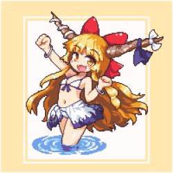 Rule 34 | 1girl, bikini, blonde hair, blue ribbon, bow, bracelet, flat chest, front-tie bikini top, front-tie top, hair bow, halterneck, horn bow, horn ornament, horn ribbon, horns, ibuki suika, jewelry, kumamoto (bbtonhk2), long hair, looking at viewer, lowres, navel, open mouth, outstretched arm, pixel art, red bow, ribbon, smile, solo, swimsuit, touhou, very long hair, wading, water, white bikini, white bow, yellow eyes