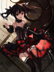 Rule 34 | 10s, 1girl, :d, bad id, bad pixiv id, bare shoulders, black hair, black thighhighs, breasts, brown eyes, character name, cleavage, date a live, detached sleeves, dress, frilled thighhighs, frilled thighhighs, frills, garter straps, heterochromia, highres, lace, lace-trimmed legwear, lace trim, lolita fashion, long hair, looking at viewer, open mouth, red eyes, smile, solo, swd3e2, thighhighs, tokisaki kurumi, twintails