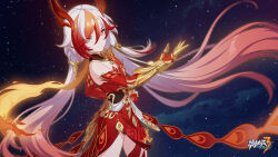 Rule 34 | 1girl, bare shoulders, chinese clothes, chinese commentary, clenched hand, closed mouth, detached sleeves, eyeliner, fu hua, fu hua (garuda), highres, honkai (series), honkai impact 3rd, long hair, makeup, multicolored hair, official art, official wallpaper, red eyeliner, red eyes, red sleeves, sky, solo, space, spoilers, streaked hair, twintails, very long hair, white hair