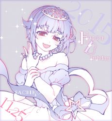 Rule 34 | 10s, 1girl, 2015, :3, bare shoulders, beads, brown eyes, character name, chi317tw, chimoon, dated, dress, happy birthday, holding own wrist, idolmaster, idolmaster cinderella girls, jewelry, koshimizu sachiko, necklace, open mouth, purple hair, ribbon, ring, short hair, smile, solo, sparkle, star (symbol), strapless, strapless dress, tiara