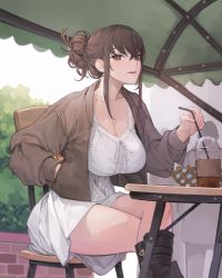 Rule 34 | 1girl, absurdres, boots, box, breasts, brown hair, chair, cleavage, coffee, coffee cup, collarbone, controlline3, cup, disposable cup, dress, drinking straw, gift, gift box, gift wrapping, hair bun, highres, jacket, large breasts, last origin, looking at viewer, red eyes, royal arsenal, short dress, sidelocks, single hair bun, sitting, solo, table, thighs, valentine, white dress