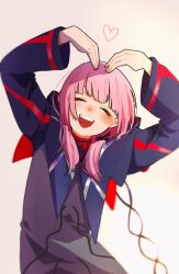 Rule 34 | 1girl, arms up, blush, capelet, closed eyes, facing viewer, heart, highres, hood, hooded capelet, jacket, kaf (kamitsubaki studio), kamitsubaki studio, long hair, low twintails, open mouth, pink hair, smile, solo, twintails, virtual youtuber, yakihokke m