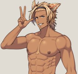 Rule 34 | 1boy, abs, animal ears, arima (arima bn), bara, biceps, blonde hair, diadem, facial hair, granblue fantasy, highres, looking at viewer, lowain (granblue fantasy), male focus, manly, mature male, muscular, muscular male, nipples, pectorals, smile, solo, spiked hair, stubble, tan, teeth, topless male, upper body, yellow eyes