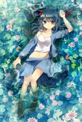 Rule 34 | 1girl, absurdres, blue eyes, blue hair, blush, female focus, from above, full body, hair bobbles, hair ornament, highres, kawashiro nitori, lily pad, long sleeves, lying, matching hair/eyes, navel, off shoulder, partially submerged, short hair, shromann, sleeves rolled up, solo, touhou, twintails, two side up