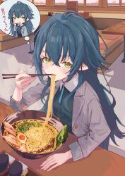 Rule 34 | 1girl, absurdres, antenna hair, blush, chopsticks, coat, commentary request, eating, food, gakuen idolmaster, green eyes, green hair, green shirt, grey coat, hair between eyes, hair flaps, highres, holding, holding chopsticks, idolmaster, kinako mochi, long hair, looking at viewer, noodles, ramen, restaurant, shirt, sitting, solo, thought bubble, tsukimura temari, very long hair