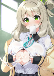 Rule 34 | 1girl, after paizuri, blazer, blonde hair, blue archive, blush, breasts, button gap, buttons, center opening, cum, cum on body, cum on breasts, cum on upper body, cum string, female focus, fingerless gloves, gloves, green eyes, highres, indoors, jacket, large breasts, long hair, looking at viewer, mouth hold, nonomi (blue archive), one side up, open clothes, open jacket, pulled by self, school uniform, side ponytail, skirt, solo, standing, unbuttoned, unbuttoned shirt, upper body