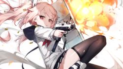 Rule 34 | 1girl, ballistic shield, black skirt, blue archive, blue sailor collar, cardigan, explosion, fire, firing, gun, hair ornament, hairclip, halo, highres, holding, holding gun, holding weapon, knee up, long hair, long sleeves, looking at viewer, micro uzi, natsu (blue archive), neckerchief, open mouth, pink eyes, pink hair, pleated skirt, red neckerchief, ribiadan, sailor collar, shell casing, shield, side ponytail, skirt, smoke, solo, triangle mouth, very long hair, weapon, white background, white cardigan