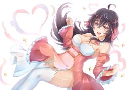Rule 34 | 10s, 1girl, absurdres, ahoge, bare shoulders, black hair, blue eyes, breasts, bright background, cleavage, detached collar, detached sleeves, dress, edwin (cyberdark impacts), frilled sleeves, frills, garter straps, hair between eyes, hair ribbon, heart, highres, lips, long hair, looking at viewer, medium breasts, netoge no yome wa onna no ko janai to omotta?, open mouth, pink dress, pink ribbon, ribbon, round teeth, sleeveless, sleeveless dress, smile, solo, sparkle, strapless, strapless dress, tamaki ako, teeth, thighhighs, white thighhighs