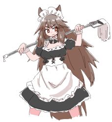 Rule 34 | 1girl, alternate costume, animal ears, apron, arknights, black dress, bright pupils, brown hair, commentary, cropped legs, dress, enmaided, flipped hair, frown, holding, holding mop, long hair, looking to the side, maid, mop, nikukabe, over shoulder, puffy short sleeves, puffy sleeves, red eyes, short sleeves, sidelocks, simple background, sketch, solo, squirrel ears, squirrel girl, squirrel tail, tail, waist apron, weapon, weapon over shoulder, white apron, white background, white pupils, white wrist cuffs, wild mane (arknights)