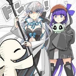Rule 34 | 2girls, ?, anger vein, animal hood, blue nails, emphasis lines, fate/grand order, fate (series), grey hair, hood, con (fate), long hair, meltryllis, meltryllis (fate), meltryllis (swimsuit lancer) (fate), morgan le fay (fate), multiple girls, nail polish, penguin hood, ponytail, protecting, purple hair, shaded face, sleeves past fingers, sleeves past wrists, staff, tekuteku aruko