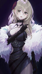 Rule 34 | 1girl, absurdres, bare shoulders, black collar, black dress, black gloves, blonde hair, breasts, collar, covered navel, dress, flower, gloves, gown, grey eyes, hair between eyes, hair flower, hair ornament, halter dress, halterneck, highres, jewelry, large breasts, long hair, looking at viewer, o-ring, open mouth, original, red flower, ring, shakkiyi, side slit, solo, wavy hair