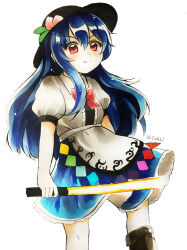 Rule 34 | 1girl, apron, black hat, blue hair, blue skirt, boots, bow, bowtie, center frills, closed mouth, collared shirt, feet out of frame, frills, hair between eyes, hat, hinanawi tenshi, holding, holding sword, holding weapon, leaf hat ornament, light smile, long hair, looking at viewer, maa (forsythia1729), peach hat ornament, print apron, puffy short sleeves, puffy sleeves, red bow, red bowtie, red eyes, shirt, short sleeves, simple background, skirt, solo, sword, sword of hisou, touhou, v-shaped eyebrows, waist apron, weapon, white apron, white background, white shirt