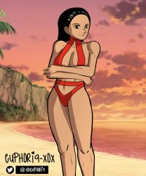 Rule 34 | beach, bikini, black hair, bra, crossed arms, euphoria-xox, highres, leaning to the side, long hair, looking to the side, nico robin, one piece, pirate, red bikini, red bra, smile, standing, swimsuit, underwear