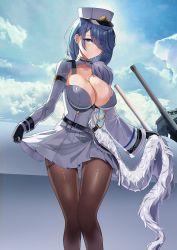 Rule 34 | 1girl, azur lane, blue sky, breasts, brown pantyhose, chapayev (azur lane), cleavage, closed mouth, cloud, day, eyes visible through hair, hair over one eye, hat, highres, large breasts, long sleeves, looking at viewer, maanu, pantyhose, peaked cap, pleated skirt, skirt, sky, smile, solo, standing, white hat, white skirt