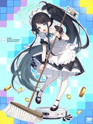 Rule 34 | 1girl, absurdres, aris (blue archive), aris (maid) (blue archive), baek hyang, blue archive, blue eyes, broom, highres, long hair, maid, open mouth, short sleeves, smile, solo, thighhighs, very long hair, white thighhighs