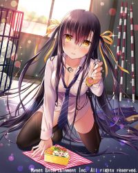 Rule 34 | 1girl, ball, black hair, blue necktie, blush, breasts, cleavage, collarbone, falkyrie no monshou, hair ribbon, holding, holding spoon, kneeling, large breasts, long hair, looking at viewer, natsumekinoko, necktie, official art, parted lips, ribbon, skirt, smile, solo, spoon, thighhighs, unworn skirt, unworn sweater, volleyball (object), yellow eyes, yellow ribbon