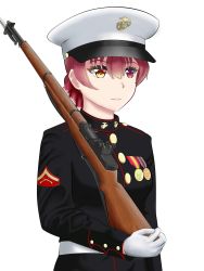 Rule 34 | 1girl, alternate costume, bayonet, black shirt, commentary, english commentary, gloves, gun, hat, heterochromia, highres, holding, holding gun, holding weapon, hololive, houshou marine, jomski 27, long sleeves, medal, military, military uniform, name connection, peaked cap, red eyes, red hair, shirt, uniform, upper body, virtual youtuber, weapon, white gloves, yellow eyes