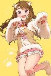 Rule 34 | 1girl, ahoge, animal ear fluff, animal ears, animal hands, blush, brown hair, emu (emum), fur-trimmed shirt, fur trim, gloves, hands up, idolmaster, idolmaster million live!, long hair, looking at viewer, md5 mismatch, miyao miya, neck bell, neck ribbon, open mouth, paw gloves, paw print, paw print background, paw shoes, pink ribbon, pink skirt, resolution mismatch, ribbon, shirt, shoes, simple background, skirt, smile, solo, source larger, teeth, thick eyebrows, thighs, tongue, upper teeth only, yellow background