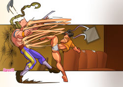 Rule 34 | 1boy, 1girl, apartment, ass, barefoot, battle, capcom, chun-li, claw (weapon), double bun, hair bun, hair ribbon, height difference, highres, hyakuretsukyaku, in the face, indoors, kicking, mask, motion blur, muscular, no pants, panties, plantar flexion, rabies-t-lagomorph, rapid punches, ribbon, shirt, soles, standing, standing on one leg, street fighter, street fighter ii: the animated movie, street fighter ii (series), t-shirt, thick thighs, thighs, toes, topless male, underwear, unworn mask, vega (street fighter), weapon
