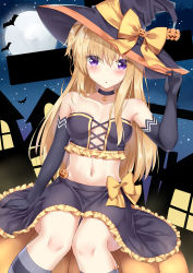Rule 34 | 1girl, arm at side, arm support, bare shoulders, bat (animal), black gloves, blonde hair, blush, bow, breasts, choker, cleavage, commentary request, cross, cross-laced clothes, dutch angle, elbow gloves, frilled skirt, frills, full moon, gloves, hair between eyes, hair over one eye, halloween, hand on headwear, hat, highres, knees together feet apart, long hair, looking at viewer, mansion, midriff, moon, navel, night, orange bow, original, pumpkin, purple eyes, rong yi tan, sitting, skirt, sleeveless, small breasts, striped clothes, striped thighhighs, thighhighs, triangle mouth, window, witch hat