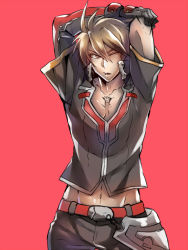 Rule 34 | 1boy, arms up, asymmetrical gloves, blazblue, blazblue: central fiction, brown hair, cowboy shot, gloves, high collar, kaneaki mukku, male focus, mismatched gloves, naoto kurogane, navel, one eye closed, red background, solo, spiked hair