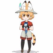 Rule 34 | 1girl, animal ear fluff, animal ears, animated, black footwear, black gloves, black pantyhose, blinking, blonde hair, commentary, cosplay, ears through headwear, extra ears, full body, gloves, hat, kaban (kemono friends), kaban (kemono friends) (cosplay), kemono friends, looking at viewer, lucky beast (kemono friends), pantyhose, red shirt, serval (kemono friends), serval tail, shirt, shoes, short hair, shorts, squeezing, tail, taro (tontaro), undershirt, video, white background, yellow eyes