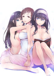 Rule 34 | 10s, 3girls, :d, :o, arm around neck, ass, barefoot, bespectacled, black hair, blue eyes, book, breast press, breasts, brown eyes, brown hair, cleavage, convenient censoring, feet, female focus, girl sandwich, glasses, green eyes, hair between eyes, hairband, holding hands, hug, idolmaster, idolmaster cinderella girls, large breasts, long hair, long sleeves, looking at viewer, looking back, multiple girls, naked towel, nitta minami, open book, open mouth, sagisawa fumika, sandwiched, shibuya rin, simple background, smile, symmetrical docking, topless, towel, u (the unko), yuri
