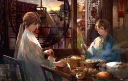 Rule 34 | 4boys, baozi, border0715, brick wall, brown eyes, brown hair, chair, chicken (food), chinese clothes, chopsticks, eating, food, highres, holding, holding chopsticks, horse, indoors, jiang wei, long hair, long sleeves, looking down, low ponytail, male focus, meal, meat, multiple boys, noodles, open mouth, plate, sangoku musou 1, shin sangoku musou, short hair, sunset, table, teeth, wall, wide sleeves, window, xiahou ba