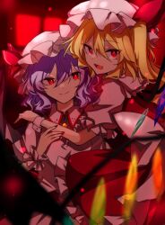 Rule 34 | 2girls, bat wings, blonde hair, blue hair, closed mouth, commentary, crystal, flandre scarlet, hat, hat ribbon, hug, looking at viewer, mob cap, multicolored wings, multiple girls, one side up, open mouth, puffy short sleeves, puffy sleeves, red eyes, red skirt, red vest, remilia scarlet, ribbon, short sleeves, siblings, side ponytail, sisters, skirt, skirt set, smile, souko illust, touhou, vest, white hat, wings, wrist cuffs