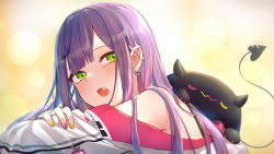 Rule 34 | 1girl, :o, barbell piercing, bare shoulders, blurry, blurry background, blush, creature, ear piercing, fang, from side, green eyes, hair down, highres, hololive, industrial piercing, long hair, long sleeves, looking at viewer, looking to the side, mr.lime, multicolored hair, nail polish, no headwear, off shoulder, open mouth, orange background, piercing, pink hair, pointy ears, purple hair, red nails, sidelocks, solo, tokoyami towa, two-tone hair, upper body, virtual youtuber, yellow nails