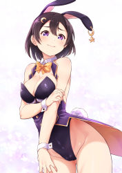 Rule 34 | 1girl, animal ears, arm under breasts, bare arms, bare shoulders, black hair, black leotard, blush, bow, bowtie, breasts, bunny day, cameltoe, cleavage, cleft of venus, coat, contrapposto, covering privates, cowboy shot, crescent, crescent hair ornament, detached collar, ear piercing, embarrassed, fake animal ears, fake tail, framed breasts, frown, furrowed brow, gradient background, groin, hair between eyes, hair ornament, hand on own thigh, highres, kanabun, leotard, looking at viewer, looking down, love live!, love live! sunshine!!, love live! sunshine!! the school idol movie over the rainbow, medium breasts, piercing, playboy bunny, rabbit ears, rabbit tail, short hair, sleeveless, sleeveless coat, solo, strapless, strapless leotard, tail, tailcoat, thighs, underbust, watanabe tsuki, wavy mouth, wide hips, wing collar, wrist cuffs, yellow bow, yellow bowtie